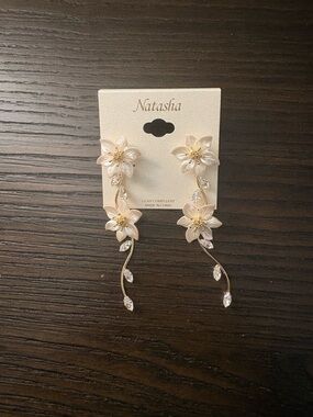 Natasha Couture Blush Pink Floral Drop Earrings with Gold Accents